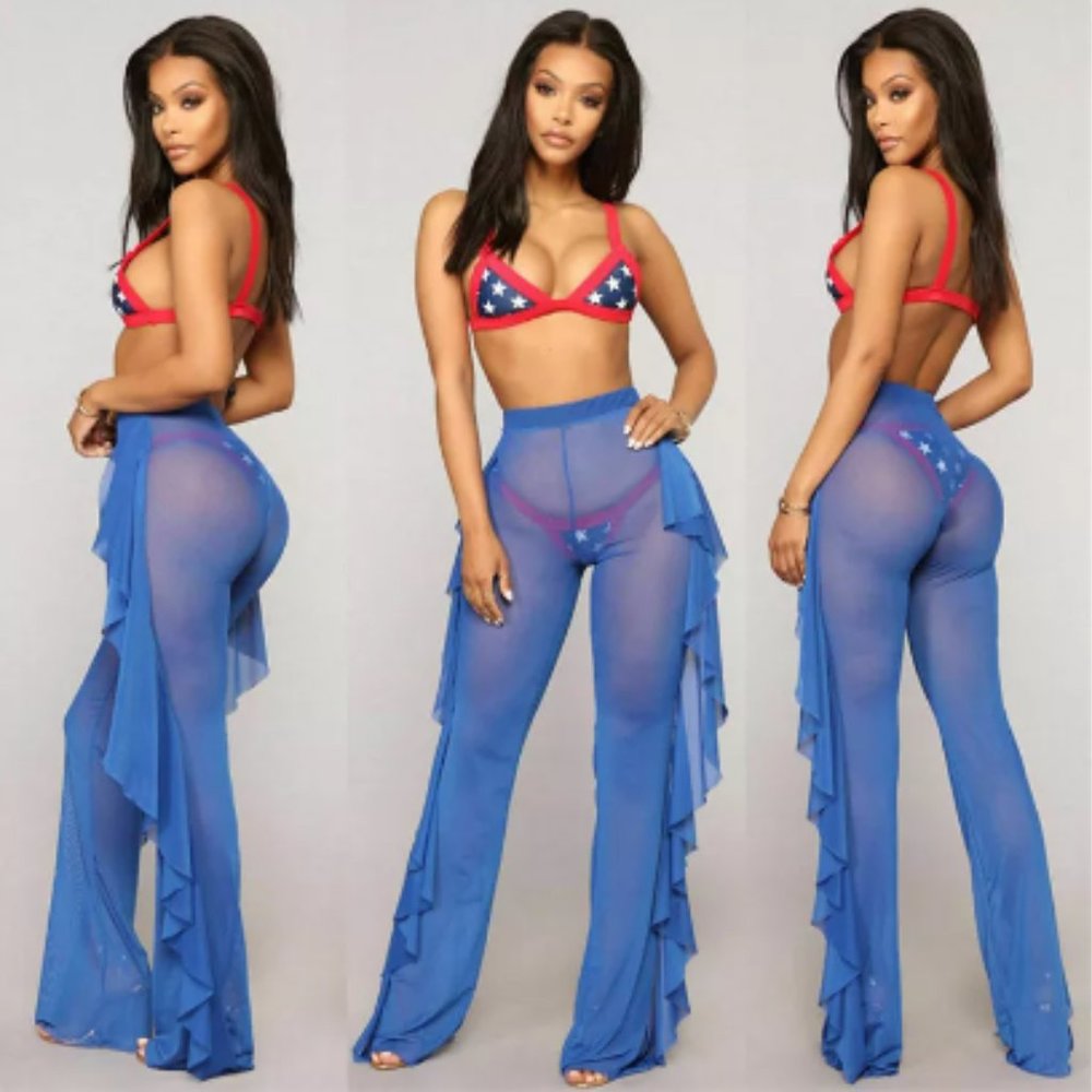 Women's Ruffle Sheer Mesh Swimwear Bikini Cover Up Pants See Through Blue S